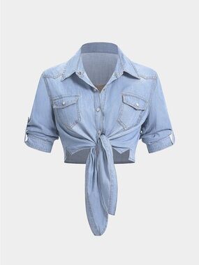 Light Blue Tie-Front Denim Crop Top